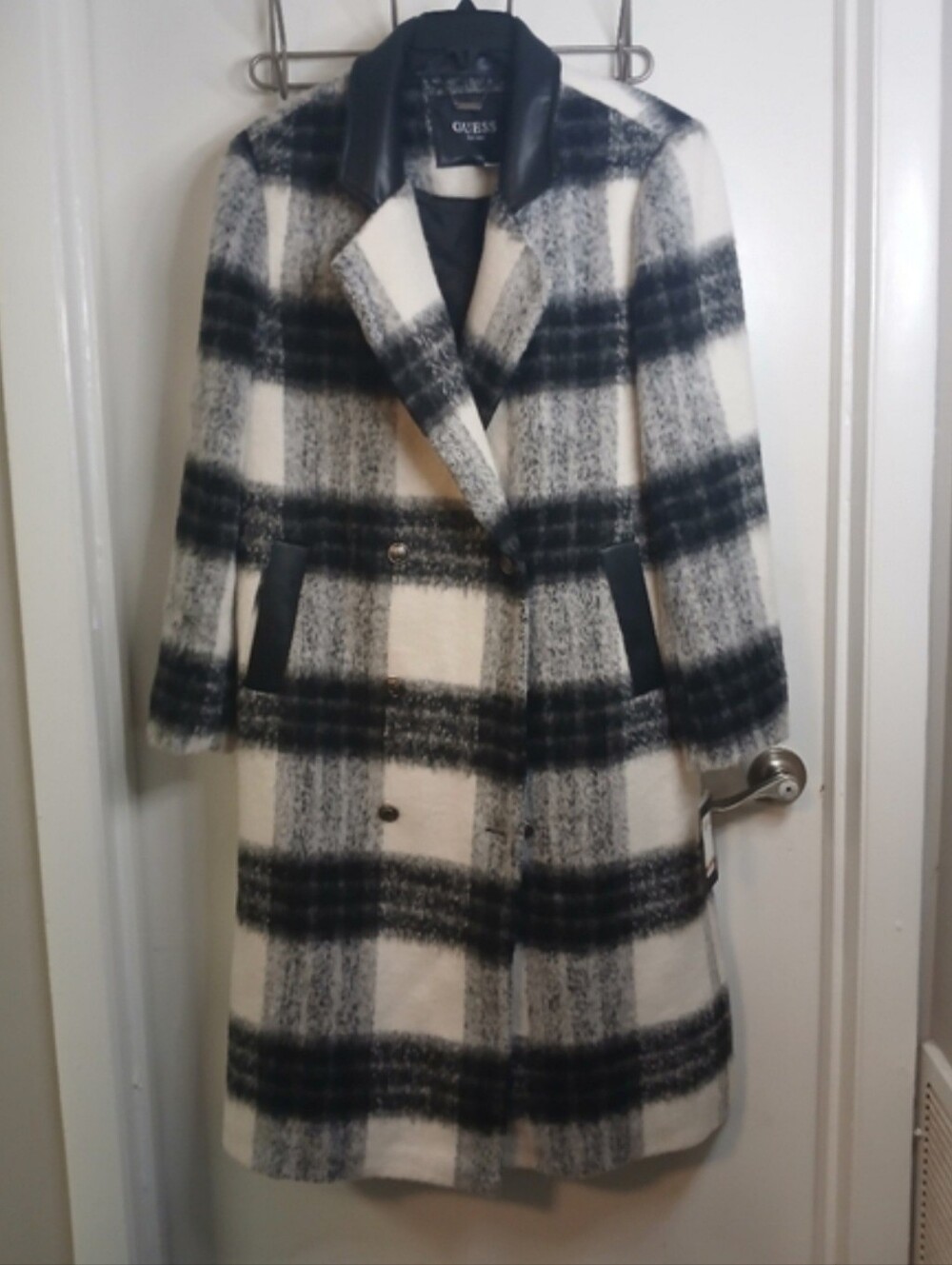 Black & White Check Plaid Double Breasted Trench Wool Coat L New!